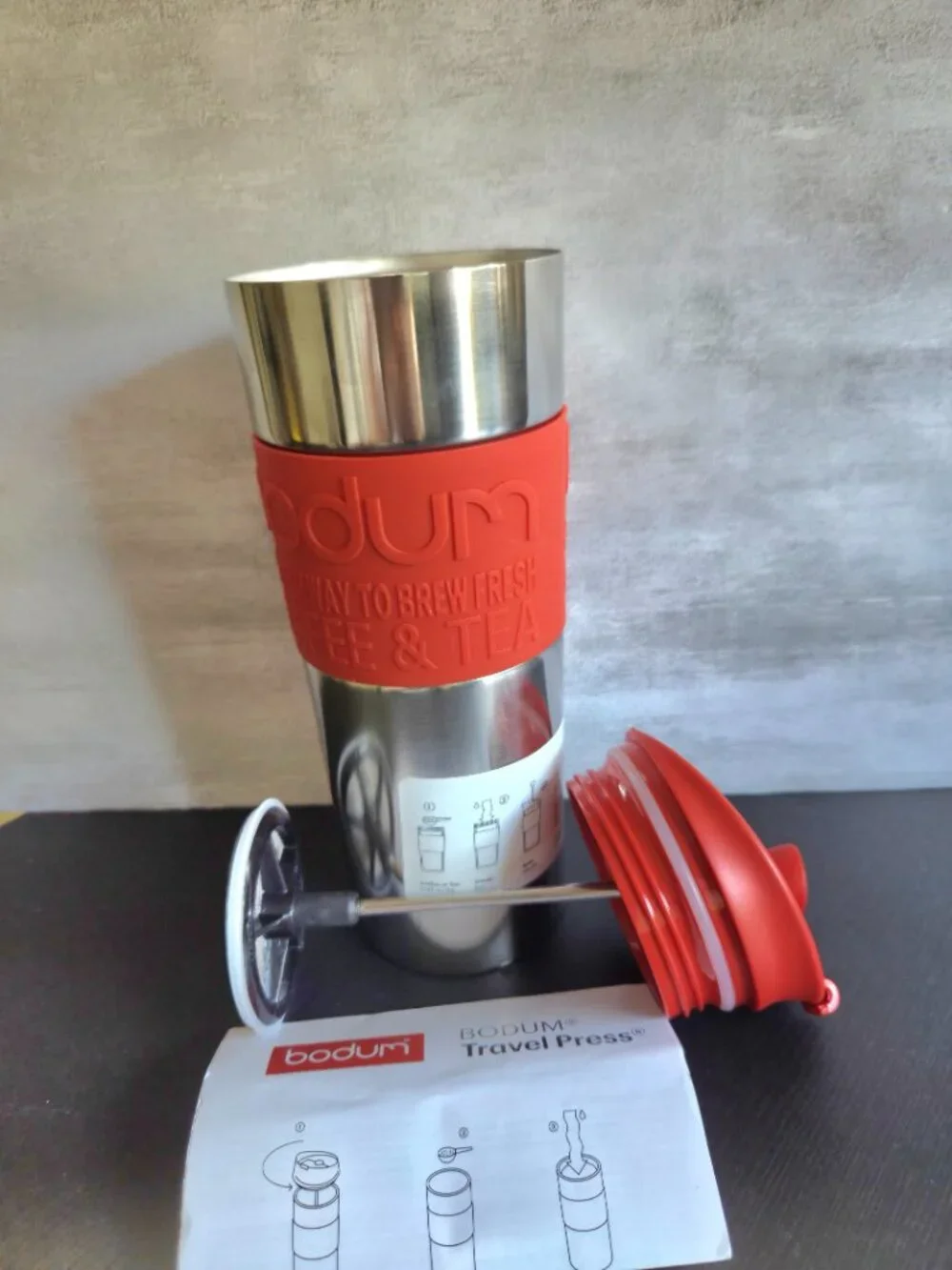 Bodum Travel French Press Stainless Steel & Red Coffee & Tea Maker Tumbler 15oz